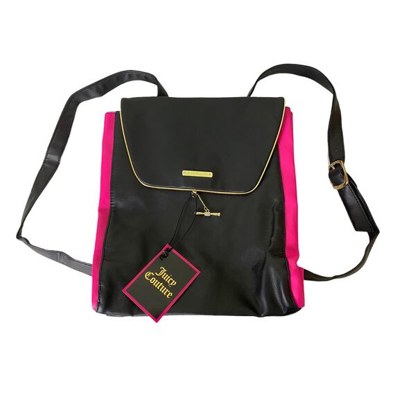 Juicy Couture Backpack Black Pink Bag Expandable Purse Handbag Gold Trim New - Picture 3 of 10